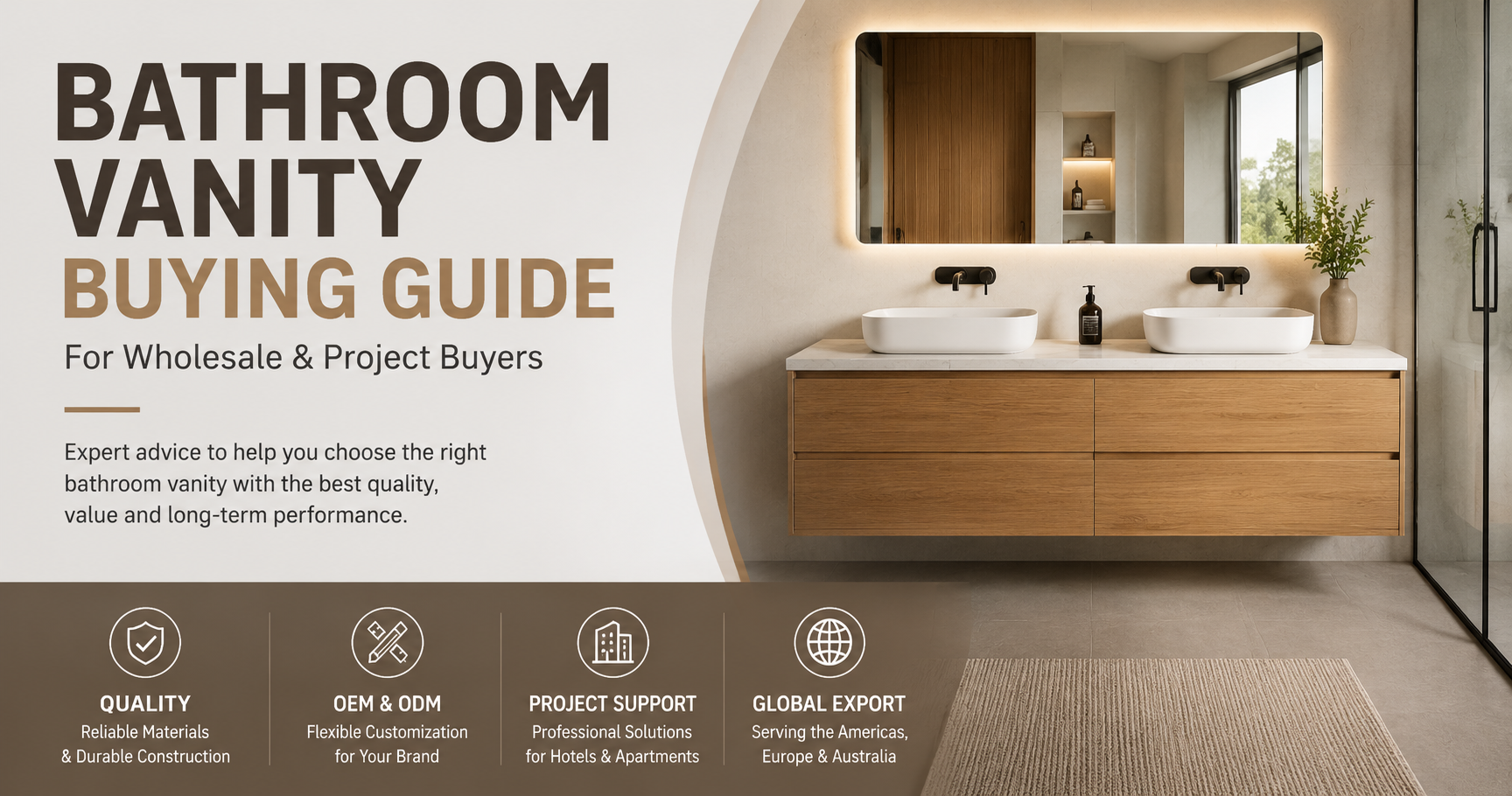 Bathroom vanity buying guide featuring a modern wall mounted oak bathroom vanity for wholesale and project buyers, OEM bathroom vanity manufacturer serving the Americas, Europe and Australia.